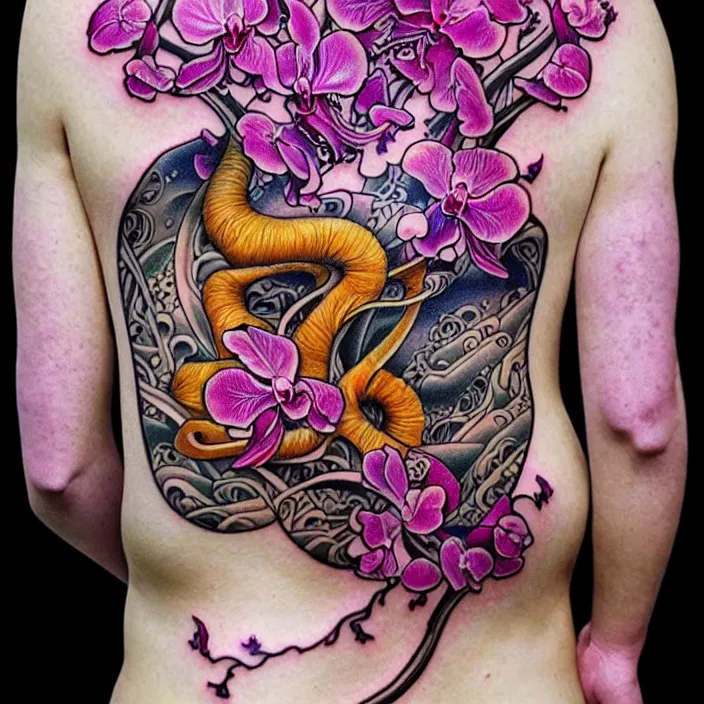 Image similar to extremely psychedelic tattoo design made of orchid and cherry blossom tree and mushroom, LSD tattoo design, diffuse lighting, fantasy, intricate, elegant, highly detailed, lifelike, photorealistic, digital painting, artstation, illustration, concept art, smooth, sharp focus, art by John Collier and Albert Aublet and Krenz Cushart and Artem Demura and Alphonse Mucha