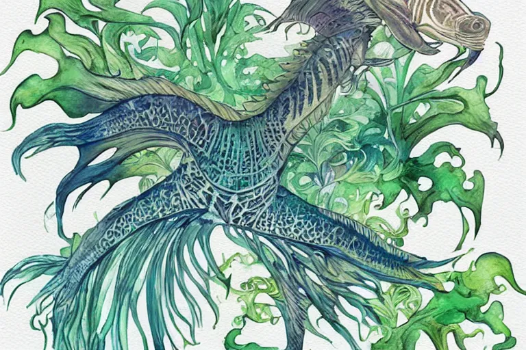 Image similar to watercolor artwork of exotic, elegant underwater tropical prints of the creatures of atlantis : : green, art nouveau, trending on artstation