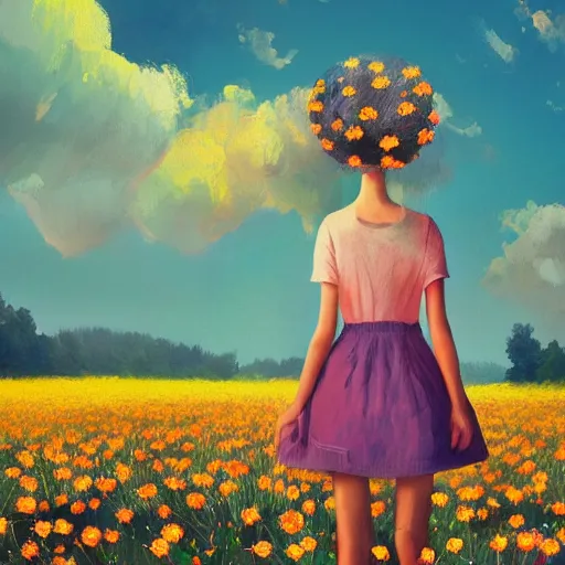 Image similar to girl with a full daisies head, surreal photography, flower field, sunset dramatic light, impressionist painting, colorful clouds, blue sky, digital painting, artstation, simon stalenhag