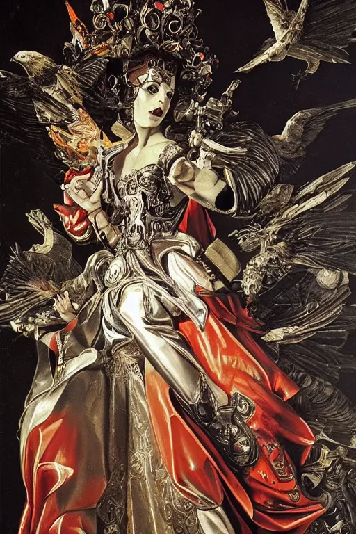 Prompt: full-body baroque and cyberpunk style sculpture of a young handsome Latino prince as a half cibernetic android running low on battery, alert glowing, laser beam eyes, crown of giant diamonds, flowing neon-colored silk, fabric, raptors. baroque elements. full-length view. baroque element. intricate artwork by caravaggio. many many birds birds on background. Trending on artstation, octane render, cinematic lighting from the right, hyper realism, octane render, 8k, depth of field, 3D