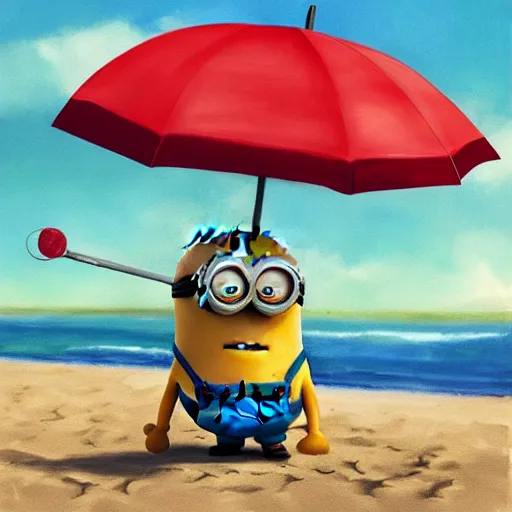 Prompt: an epic painting minion with umbrella at the beach, pencil drawing, perfect composition, golden ratio, beautiful detailed, photorealistic, digital painting, concept art, smooth, sharp focus, illustration, artstation trending, octane render, unreal engine