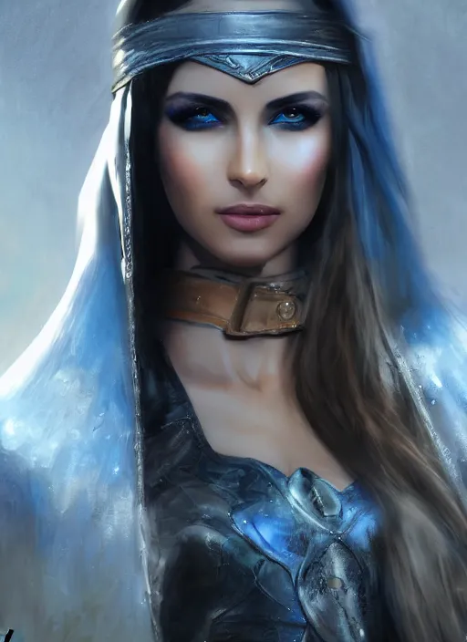 Image similar to Beautiful Arab girl, blue eyes, leather, portrait, fantasy, medieval, vivid colors, elegant, concept art, sharp focus, beautiful face, digital art, Hyper-realistic, 4K, Unreal Engine, Highly Detailed, HD, Dramatic Lighting by Brom, trending on Artstation