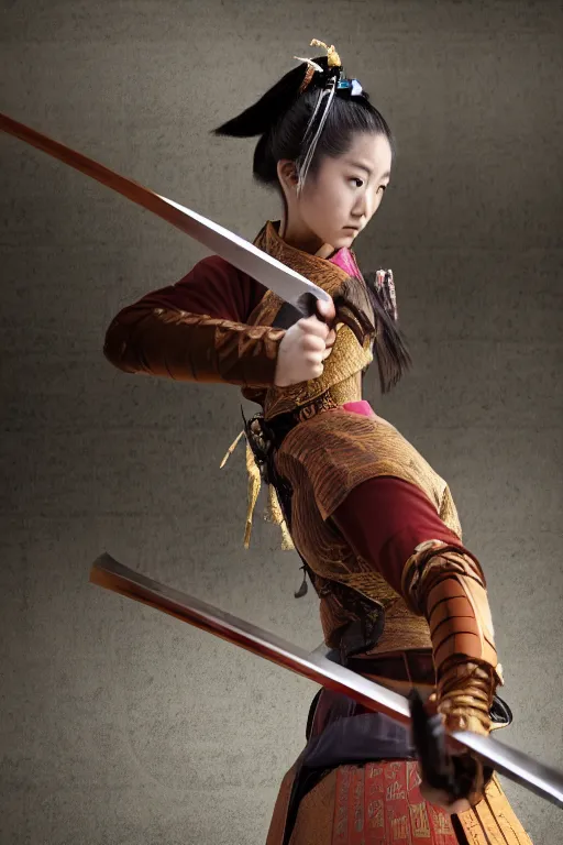 Image similar to highly detailed beautiful photo of a young female samurai, practising sword stances in a temple, symmetrical face, beautiful eyes, realistic anime art style, 8 k, award winning photo, pastels, action photography, 1 / 1 2 5 shutter speed, dramatic lighting