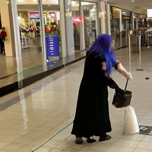 Image similar to security camera footage of a witch pouring a carton of milk on the floor in a mall