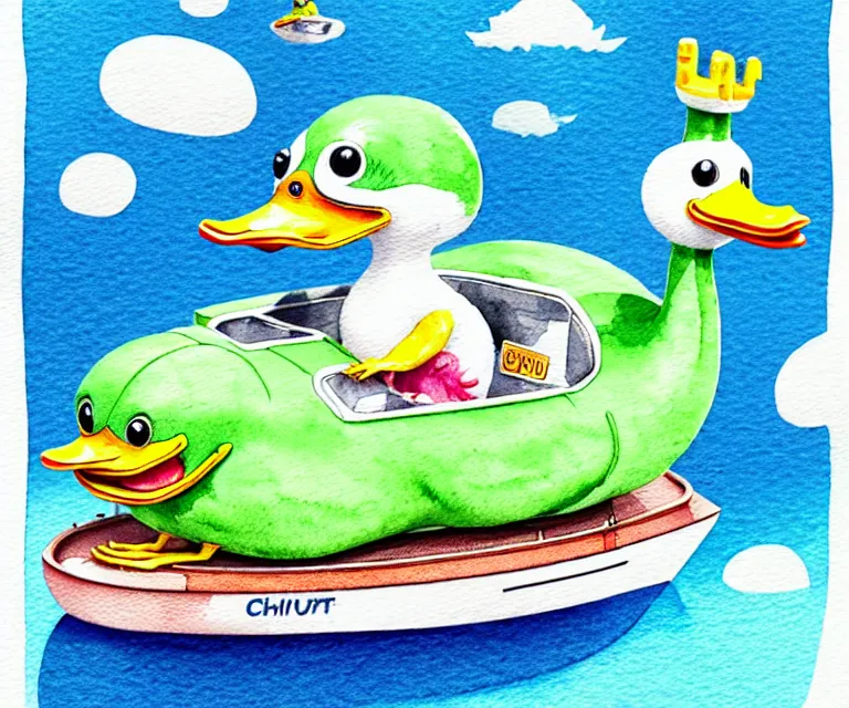 Image similar to cute and funny, duck riding in a tiny cruise ship, ratfink style by ed roth, centered award winning watercolor pen illustration, isometric illustration by chihiro iwasaki, edited by craola, tiny details by artgerm and watercolor girl, symmetrically isometrically centered