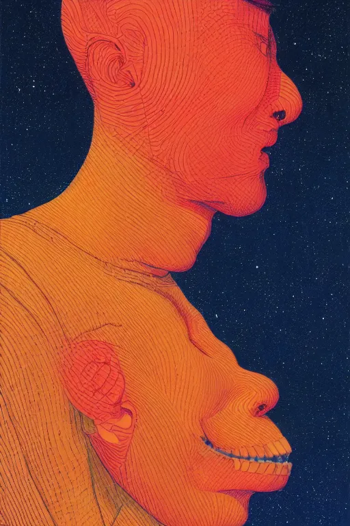 Image similar to a scifi closeup portrait of a young chinese man licking a blotter paper of LSD acid on his tongue and dreaming psychedelic hallucinations in cosmos, by kawase hasui, moebius, Edward Hopper and James Gilleard, Zdzislaw Beksinski, Steven Outram colorful flat surreal design, hd, 8k, artstation