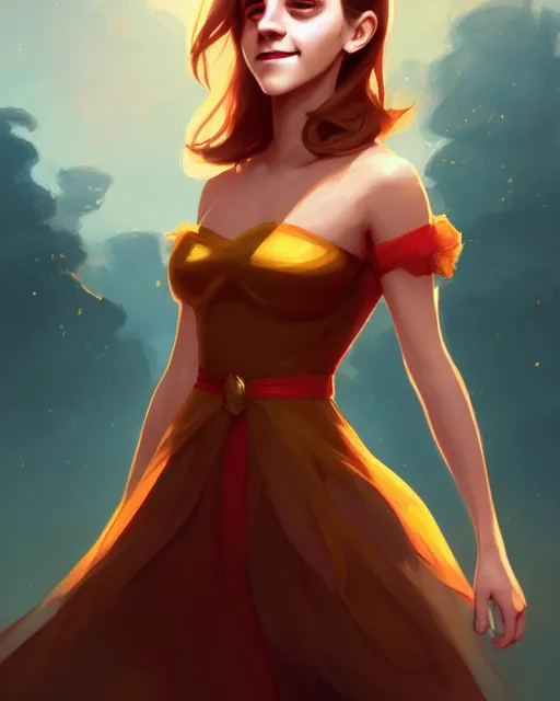 Image similar to a portrait of a beautiful full body Emma Watson smiling, pretty gold and red dress, art by lois van baarle and loish and ross tran and rossdraws and sam yang and samdoesarts and artgerm, digital art, highly detailed, intricate, sharp focus, Trending on Artstation HQ, deviantart, unreal engine 5, 4K UHD image