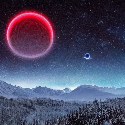 Image similar to A forested valley surrounded by snow-capped mountains at night, a red nebula in the sky, a ringed gas giant in the sky, no clouds, sci-fi, photorealistic