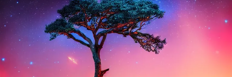 Prompt: beautiful trees, colorful stars and galaxies, trending on artstation, hd photography