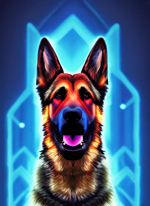 Image similar to symmetry!! product render poster vivid colors divine proportion german shepard hound floppy ears, scifi, glowing fog intricate, elegant, highly detailed, digital painting, artstation, concept art, smooth, sharp focus, illustration