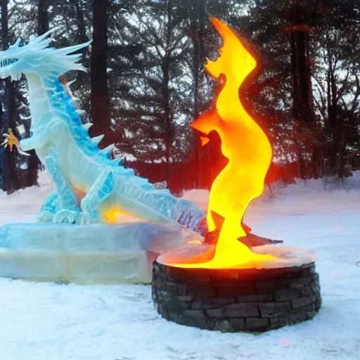 Prompt: Ice sculpture of a fire breathing dragon