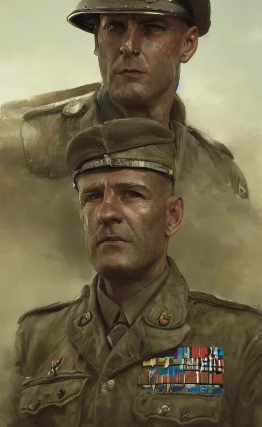 Prompt: Portrait of a WWII tank commander, male, detailed face, 20th century, highly detailed, cinematic lighting, digital art painting by greg rutkowski