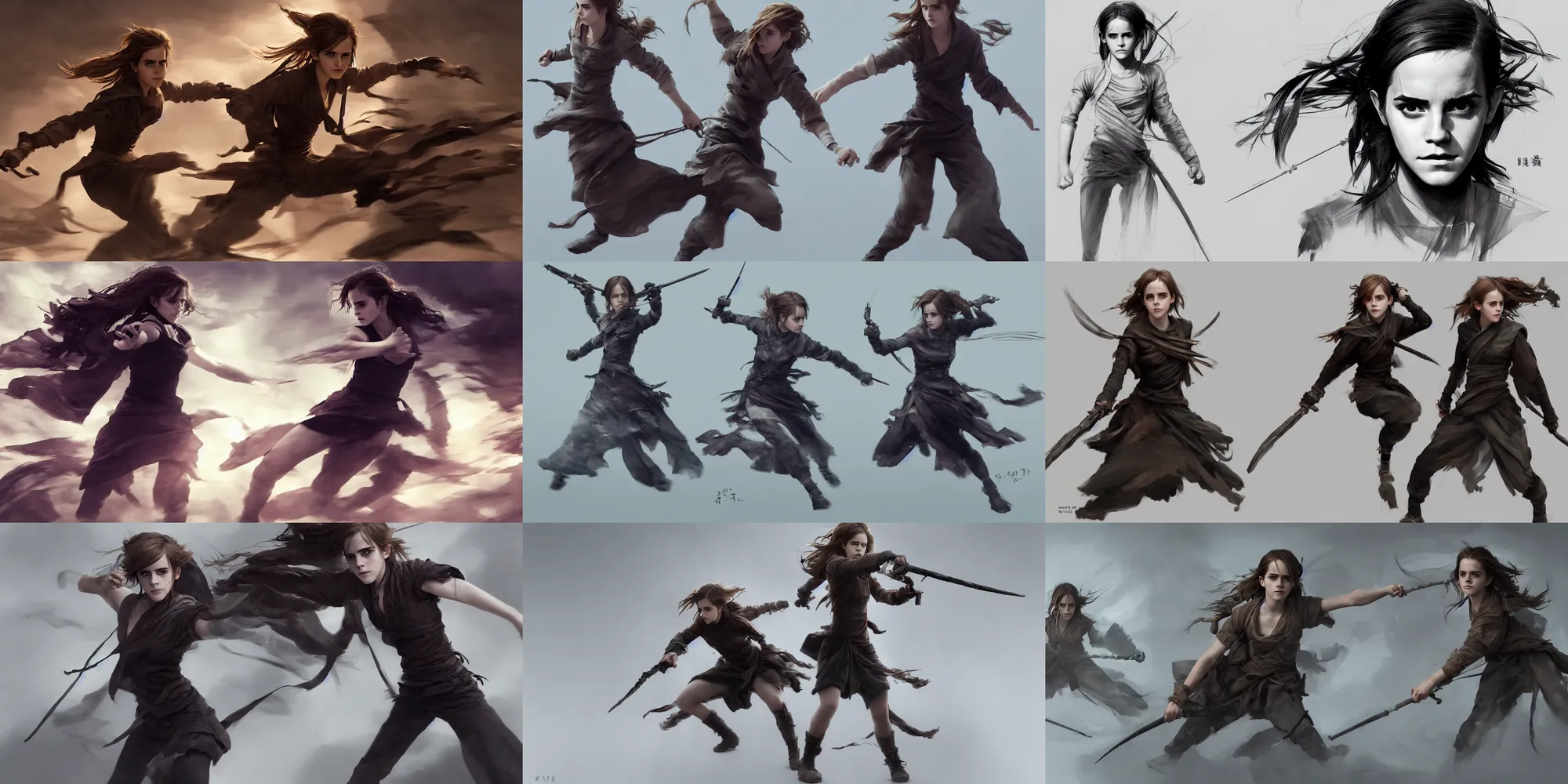 Prompt: emma watson warface emma watson photo emma watson portrait twin sisters action motion poses motion blur taolu gunshu staff taolu jianshu, nanquan, changquan, daoshu, gunshu, qiangshu, nandao and nangun sketch greg rutkowski extreme fractal foreshortening founding masters 祖 師