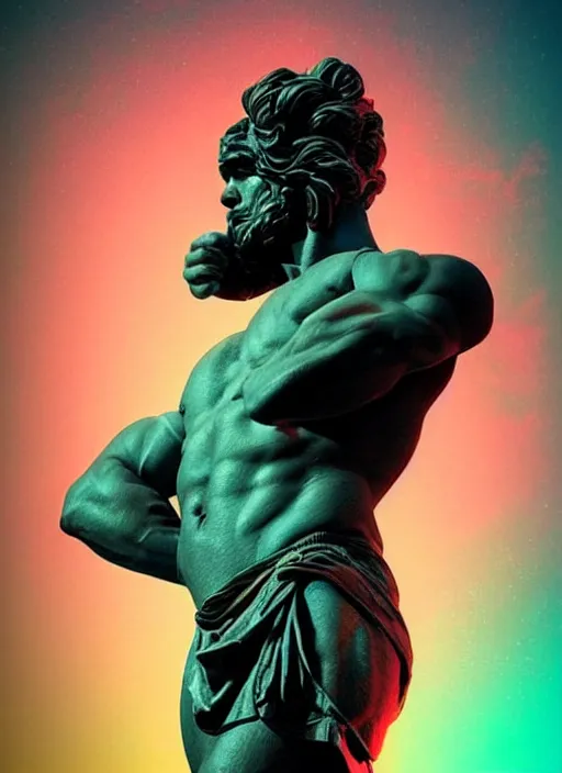 Image similar to statue of hercules, beeple, android jones, ( ( ( ( ( dan mumford ) ) ) ) ), vaporwave, retrowave, black background, neon wiring, black, glitch, strong contrast, cuts, pinterest, trending on artstation