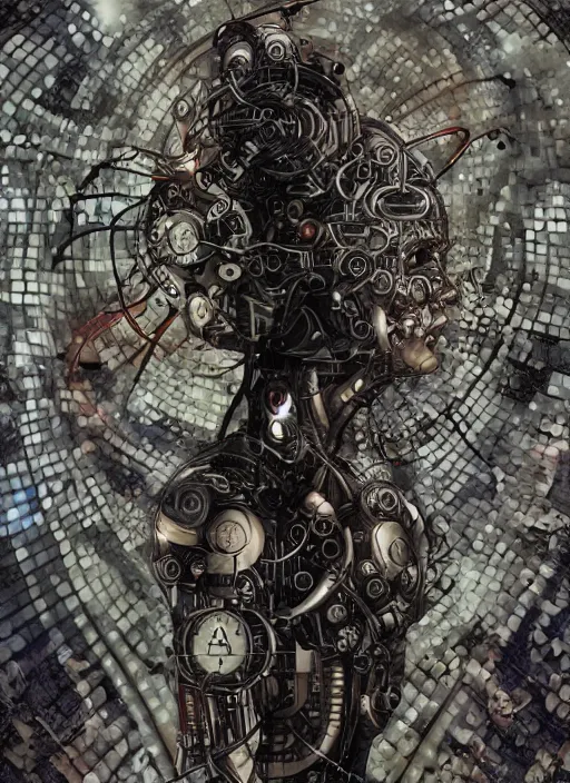 Image similar to a spiritually awakened cyborg wants to help humans free themselves from the chains of mental slavery and authoritarian politicians, surreal technological conceptual art magical cybernetic realism horror visions distopic and utopic art and the same time