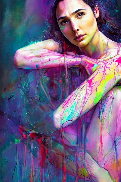 Image similar to gal gadot by agnes cecile enki bilal moebius, intricated details, sitting on a stool, full body portrait, extremely luminous bright design, pastel colours, drips, autumn lights