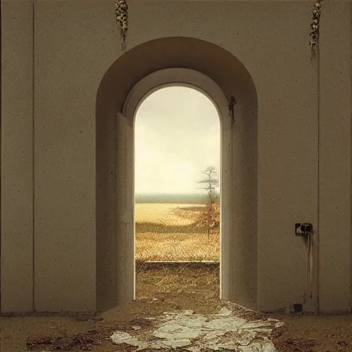 Image similar to hyperrealistic surrealism, david friedrich, award winning masterpiece with incredible details, zhang kechun, a surreal vaporwave painting of door leading to nowhere, mirrors everywhere, highly detailed