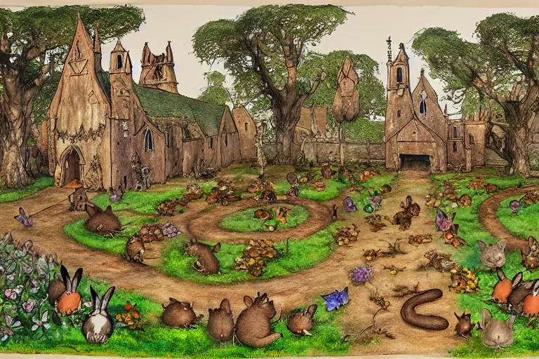 Image similar to an elaborate and dense painting of redwall abbey in mossflower wood with lots of mice and rabbits and otters walking around, detailed, made of alcohol ink on parchment and penned illustrations, by brian jacques