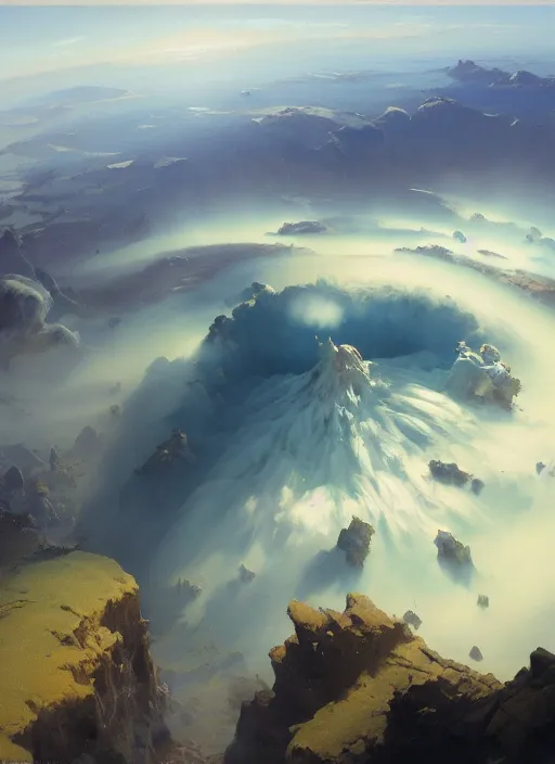 Prompt: overhead view of a steaming impact crater in a fantasy landscape, extremely detailed oil painting, rhads, sargent and leyendecker, savrasov levitan polenov, bruce pennington, studio ghibli, tim hildebrandt, digital art, landscape painting, trending on artstation, masterpiece