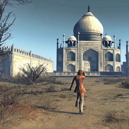 Prompt: taj mahal in ruins post - nuclear war in fallout 4, in game screenshot