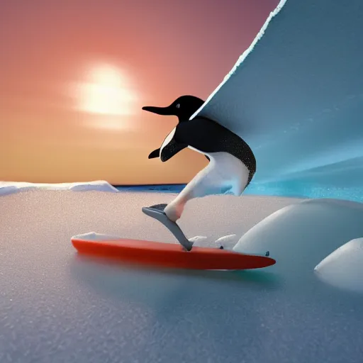 Prompt: penguin surfing on a big eave using an ice floe as surfboard, trending on artstation