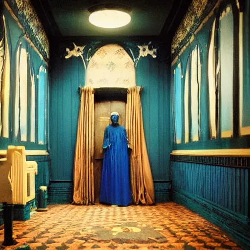 Prompt: a black nightmare in a blue and gold haunted liminal abandoned room, film still by wes anderson, limited color palette, very intricate, art nouveau, highly detailed, strong lights, liminal, eerie, bright pastel colors