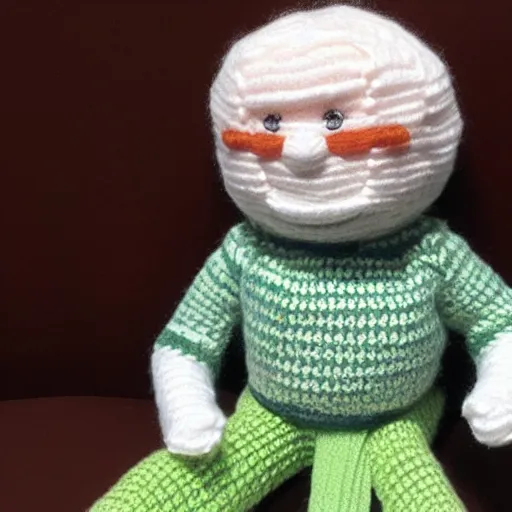 Prompt: hide the pain harold doll made out of yarn