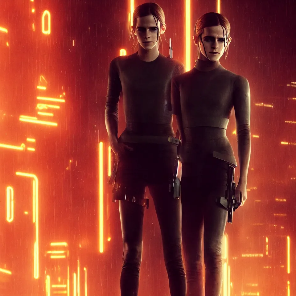 Image similar to Harrowing Emma Watson wearing cyborg gadgets in the style of Blade Runner 2049 (2017). Clear Hands. Clear body. Black Clothes. Rivendel Background. Cinematic. Professional Photo. UHD. 8k. Clear Face.