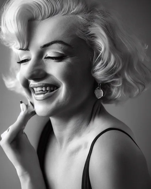 Image similar to Beautiful Head and shoulders portrait of smiling flirty seductive Marilyn monroe with platinum blonde hair, wearing a camisole by arney freytag, artstation, 35mm, fashion photoshoot, laying on a bed in a photo studio, golden hour, bokeh, rim lighting, fashion pose, octane, 4k