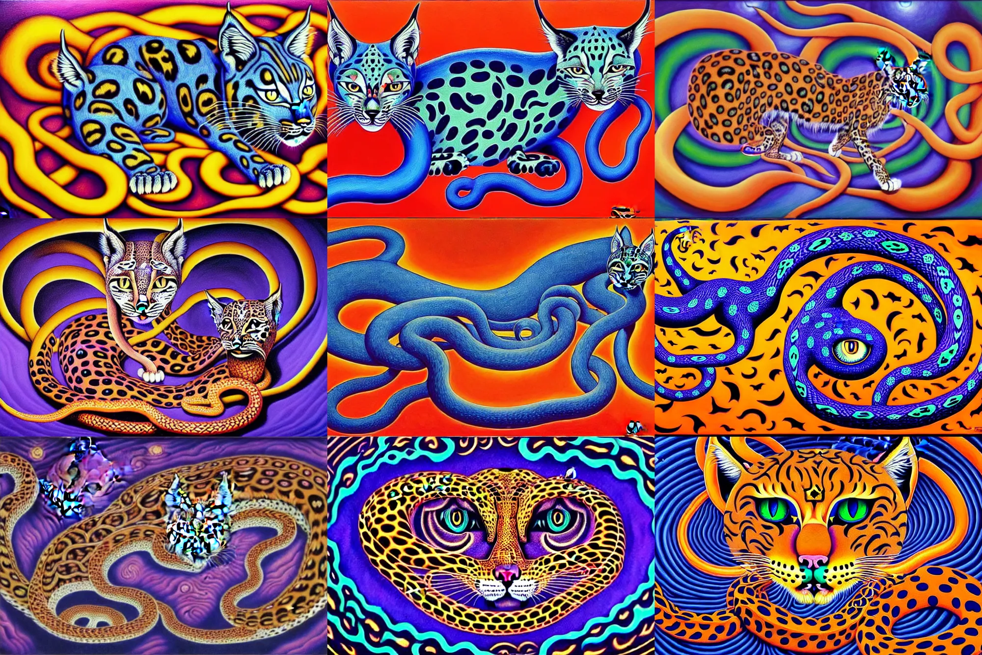 Prompt: a detailed painting of a magick cat occult effigy beautiful lynx that is a crescent shaped leopard atomic latent snakes in between autobiological cybernetic ferret resurgence of snake phonkadelic inspirations in the style of escher, alex grey, kubrick inspired by surrealism, symbolism, magical realism and dark fantasy, clear, crisp,