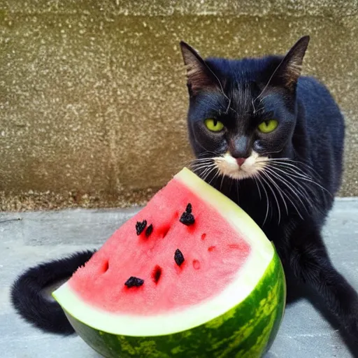 Image similar to a perfect hybrid fusion of the flesh : cat + watermelon + bee