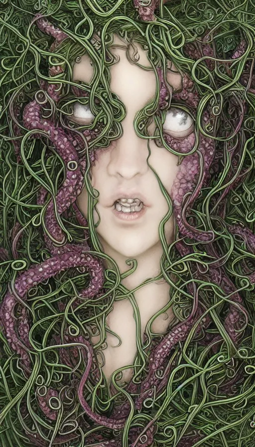 Image similar to very detailed portrait of a 2 0 years old girl surrounded by tentacles, the youg woman visage is blooming from fractal and vines, by yoshitaka amano,