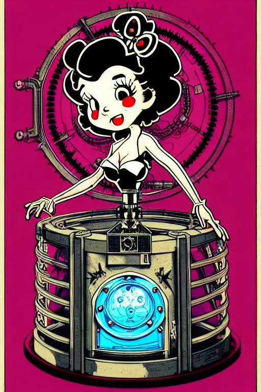 Image similar to steampunk cryo chamber containing betty boop, high details, intricately detailed, by vincent di fate, inking, 3 color screen print, masterpiece, trending on artstation,, sharp, details, hyper - detailed, hd, 4 k, 8 k