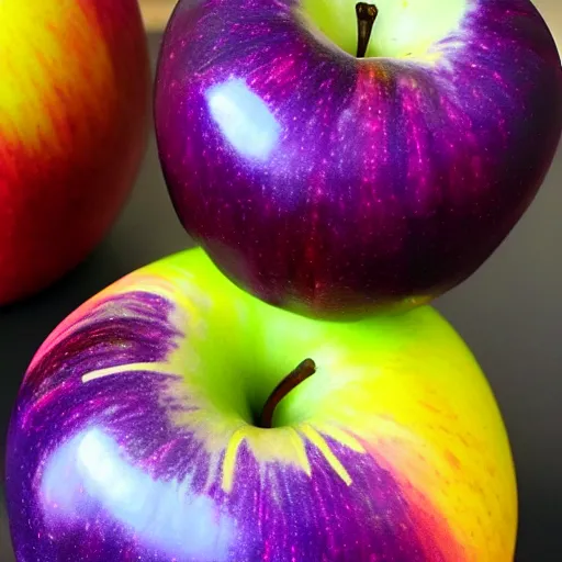 Prompt: apple with purple and yellow swirl paint finish