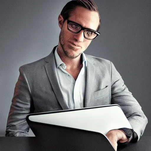 Prompt: front portrait of a smart goat in a suit wearing glasses punk hair working on a laptop hd, high resolution, annie leibovitz