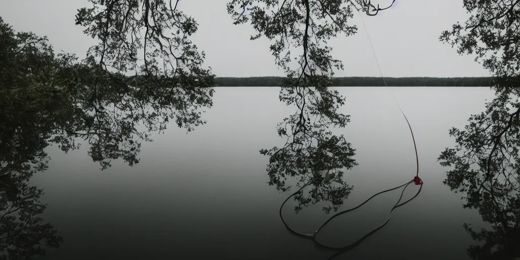 Image similar to symmetrical photograph of an long rope floating on the surface of the water, the rope is snaking from the foreground towards the center of the lake, a dark lake on a cloudy day, trees in the background, moody scene, dreamy kodak color stock, anamorphic lens