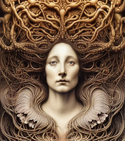 Image similar to detailed realistic beautiful fungi goddess face portrait by jean delville, gustave dore, iris van herpen and marco mazzoni, art forms of nature by ernst haeckel, art nouveau, symbolist, visionary, gothic, neo - gothic, pre - raphaelite, fractal lace, intricate alien botanicals, ai biodiversity, surreality, hyperdetailed ultrasharp octane render