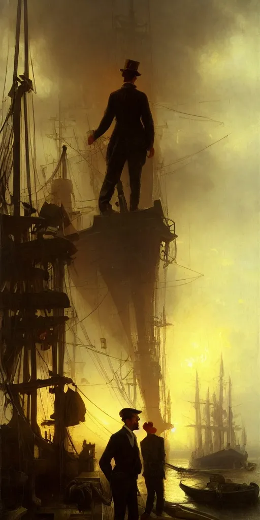 Image similar to a seaport in 1 9 4 0 with red light on, sunny day, a men stand up next to the edge, mystical orange fog, oil on canvas, art by andreas achenbach, clemens ascher, tom bagshaw and sabbas apterus,