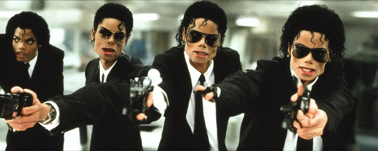 Image similar to michael jackson with very short hair in men in black pointing the neuralyzer at will smith