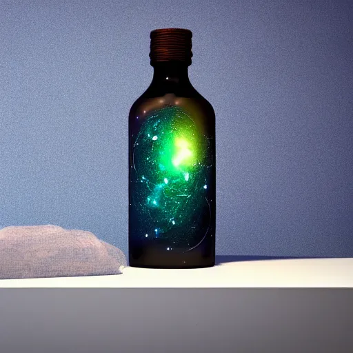 Prompt: Galaxy in a Bottle sitting on a white table in a brightened room, rendered by Erick Alexander Mercado Mazon, Xie Boli, Max Hay, Cameron Mark, and Hue Teo, artstation 3d, artstation render, artstation 3d render, 3d art, unreal engine 3d, octane 3d, blender 3d, 3d landscape, photorealistic imagery, photorealistic details, intricate, highly detailed, trending on artstation, 4k, 8k