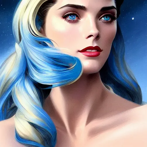 Image similar to Ashley Greene's face combined with Grace Kelly's face with blue hair as Sailor Moon, western, D&D, fantasy, intricate, elegant, highly detailed, digital painting, artstation, concept art, matte, sharp focus, illustration, art by Artgerm and Greg Rutkowski and Alphonse Mucha