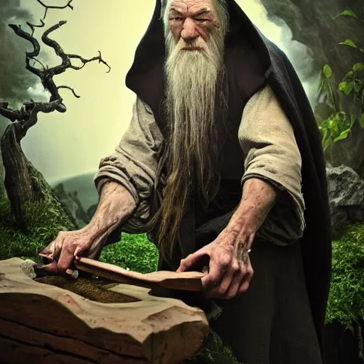 Image similar to the evil ian mckellen smithing on an anvil as gandalf in a dark viking hood playing odin all father crafting the plant of life with vines on an anvil, highly detailed, cinematic shot, cinematic lighting, 8 k, exquisit facial detail, painting by artemisia gentileschi, chiaroscuro, dark painting.