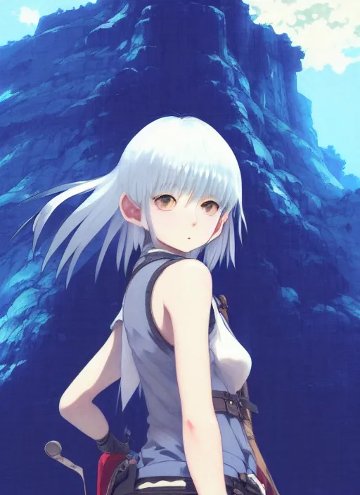 Prompt: a full body portrait of a japanese gray hair, adventurer young lady, with white hair and bangs!!!!, blue eyes, finely detailed features, closeup at the faces, perfect art, gapmoe yandere grimdark, trending on pixiv fanbox, painted by greg rutkowski makoto shinkai takashi takeuchi studio ghibli, akihiko yoshida,