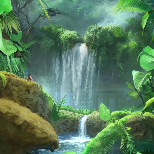 Prompt: Waterfall in the middle of the jungle, 8k, detailed, concept art, trending on artstation