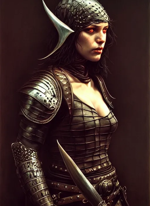 Image similar to thief, dagger, leather armor, full body, hyper realistic, extremely detailed, dnd character art portrait, dark fantasy art, intricate fantasy painting, dramatic lighting, vivid colors, deviantart, artstation, by edgar maxence and caravaggio and michael whelan and delacroix.