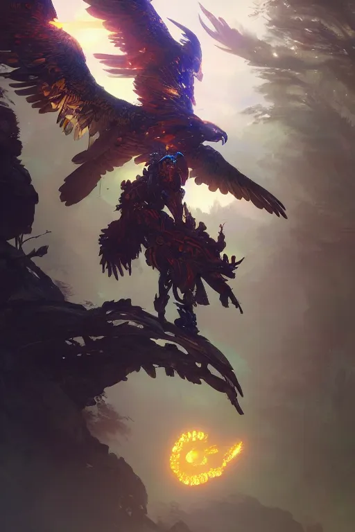 Image similar to cyborg eagle flying on a glowing forest, extremely detailed digital painting, in the style of fenghua zhong and ruan jia and jeremy lipking and peter mohrbacher, mystical colors, rim light, beautiful lighting, 8 k, stunning scene, raytracing, octane, trending on artstation