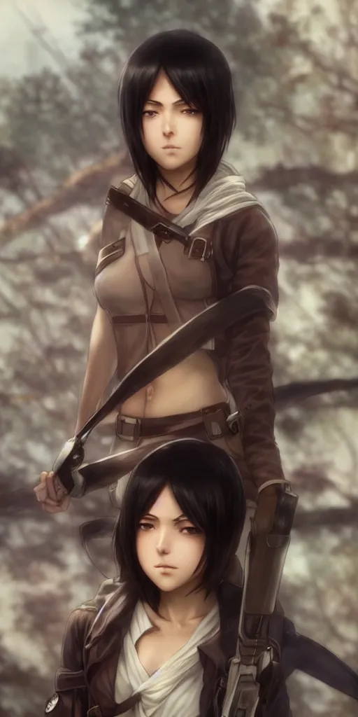 Image similar to mikasa ackerman, hero pose, medium shot, bokeh, beautiful face!!!!, 2 7 years old, cg animation, lifelike, animated, realistic, character select portrait, by artgerm, greg rutkowski, alphonse mucha, 3 d