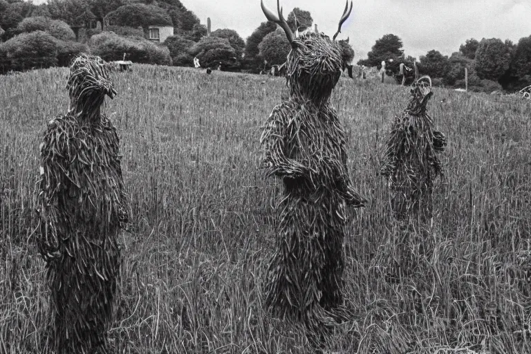 Image similar to at the festival of the Wicker Man in a small Scottish village, a giant towering Godzilla made of reeds burns, villagers watch, photojournalism, 1967, photorealism, very realistic, in the style of Midsommar, 50mm lens, Kodak 5219 film