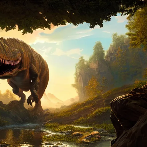 Prompt: Dinosaur, beautiful dynamic lighting, cinematic, wide angle establishing shot, extremely high detail, photo realistic, cinematic lighting, post processed, concept art, artstation, matte painting, style by frederic church, raphael lacoste, unreal engine 8k