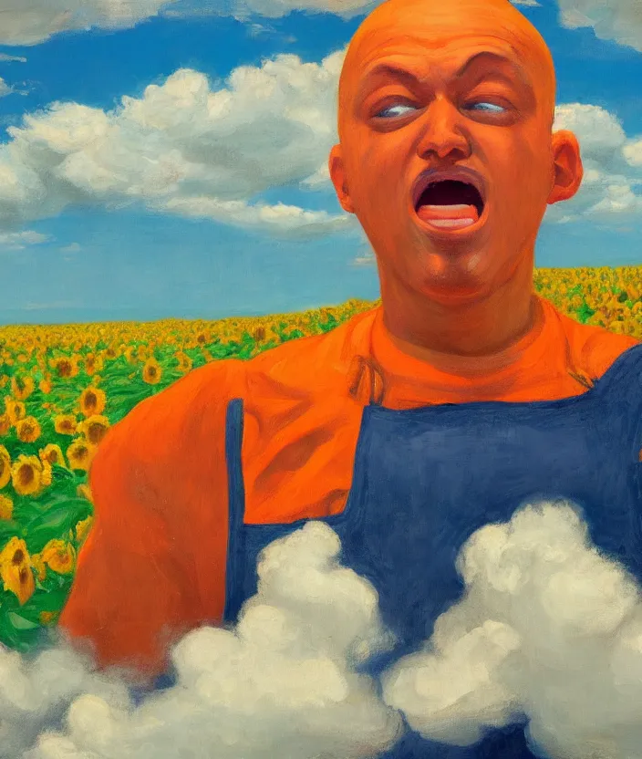 Image similar to a closeup portrait of a man in an orange prisoner overall, standing in beautiful sunflower field, screaming and sad, highly detailed, aesthetic clouds in the sky, in the style of edward hopper, very fine brush strokes, 4 k,